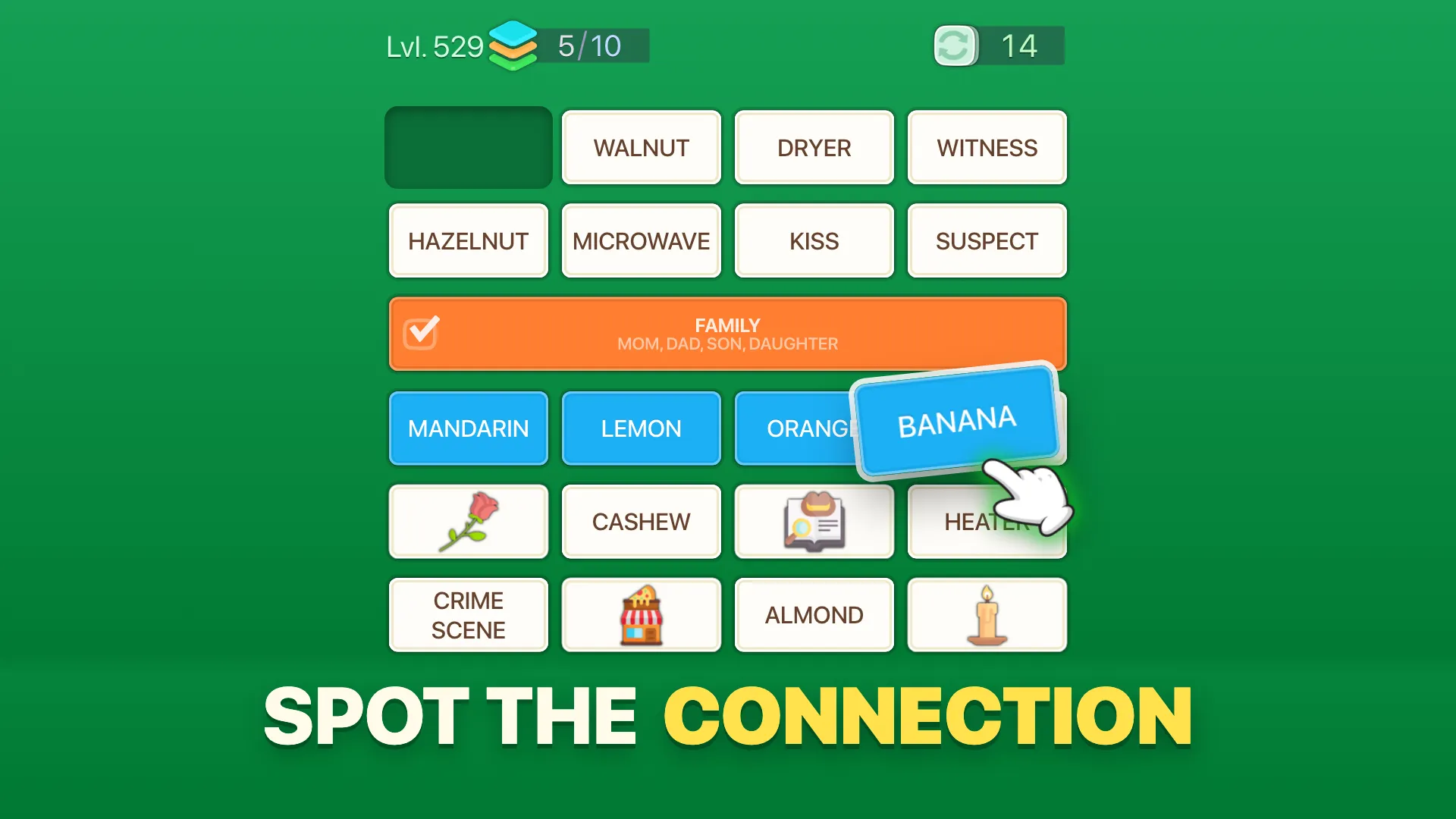 WordMix: word tiles with a completed Family group