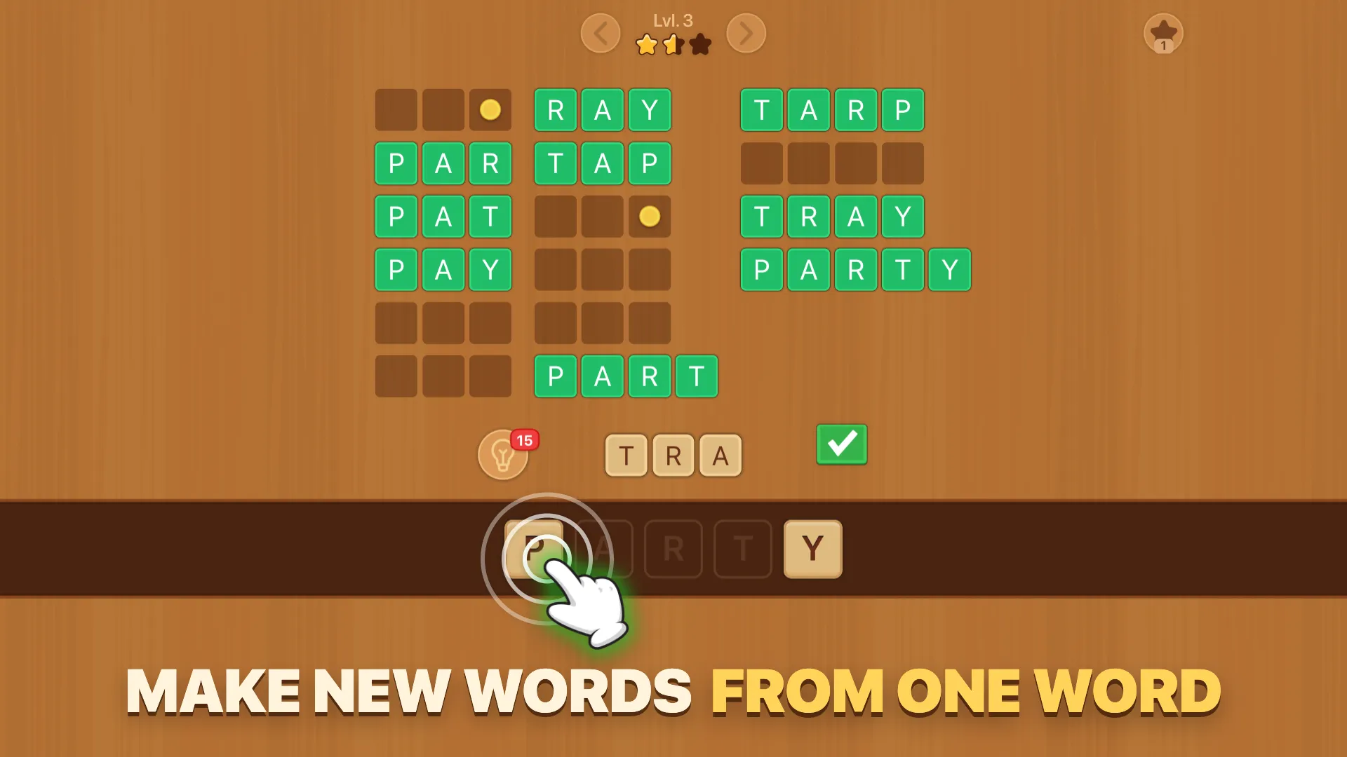 Story level: words made from the letters of PARTY