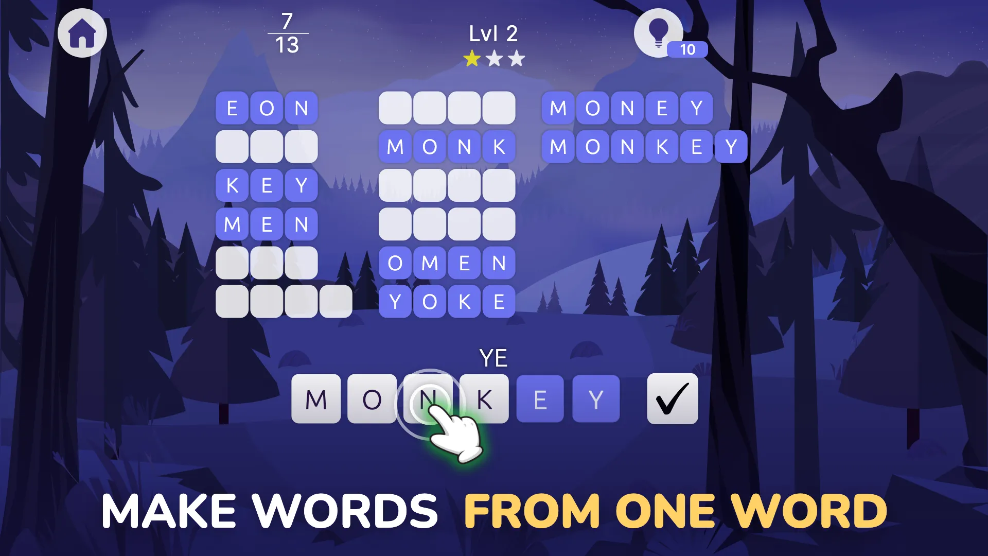 Words from Word: the words key, men, money and monkey made from the word MONKEY