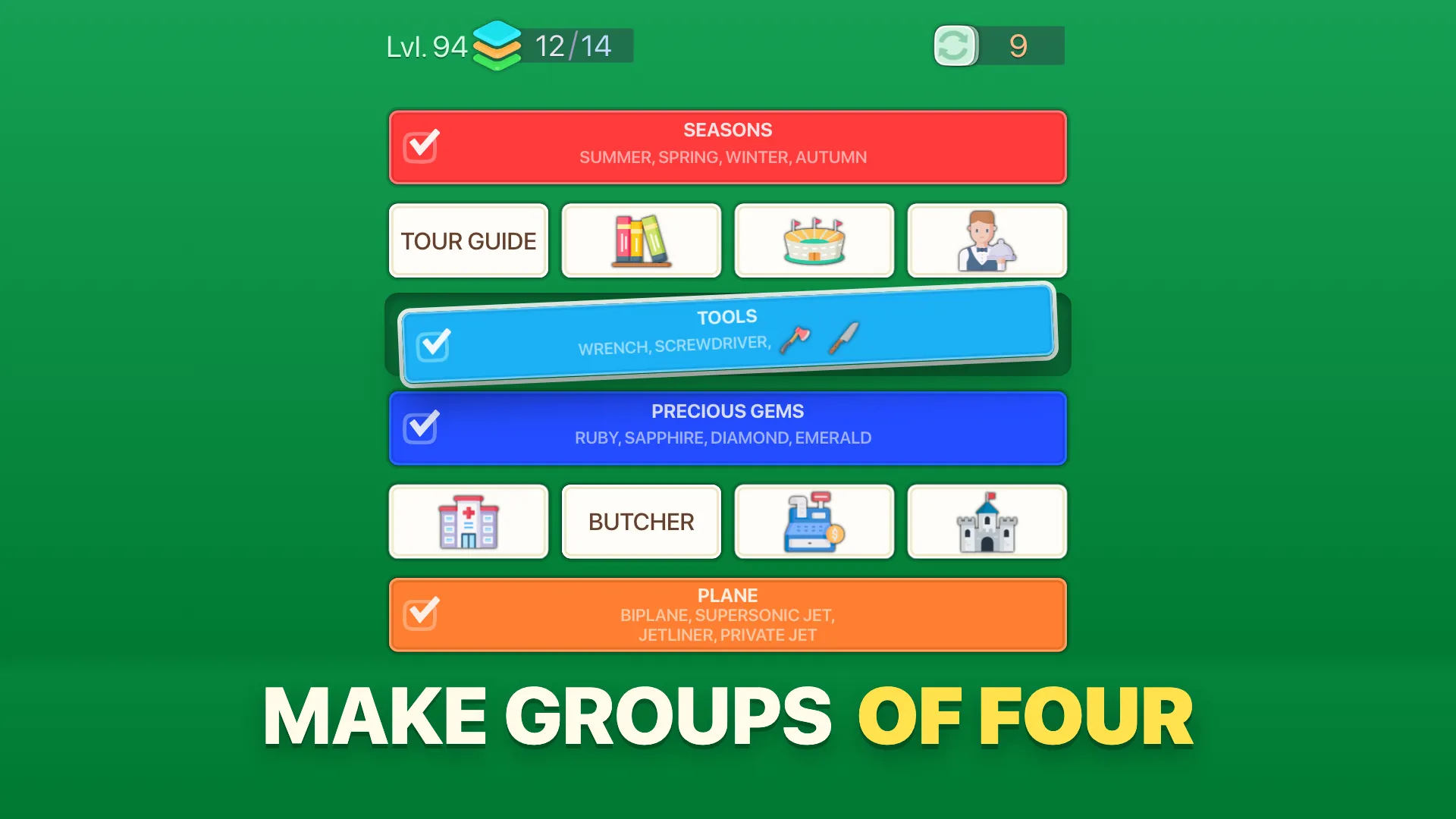 Completed groups of four: seasons, tools, precious gems