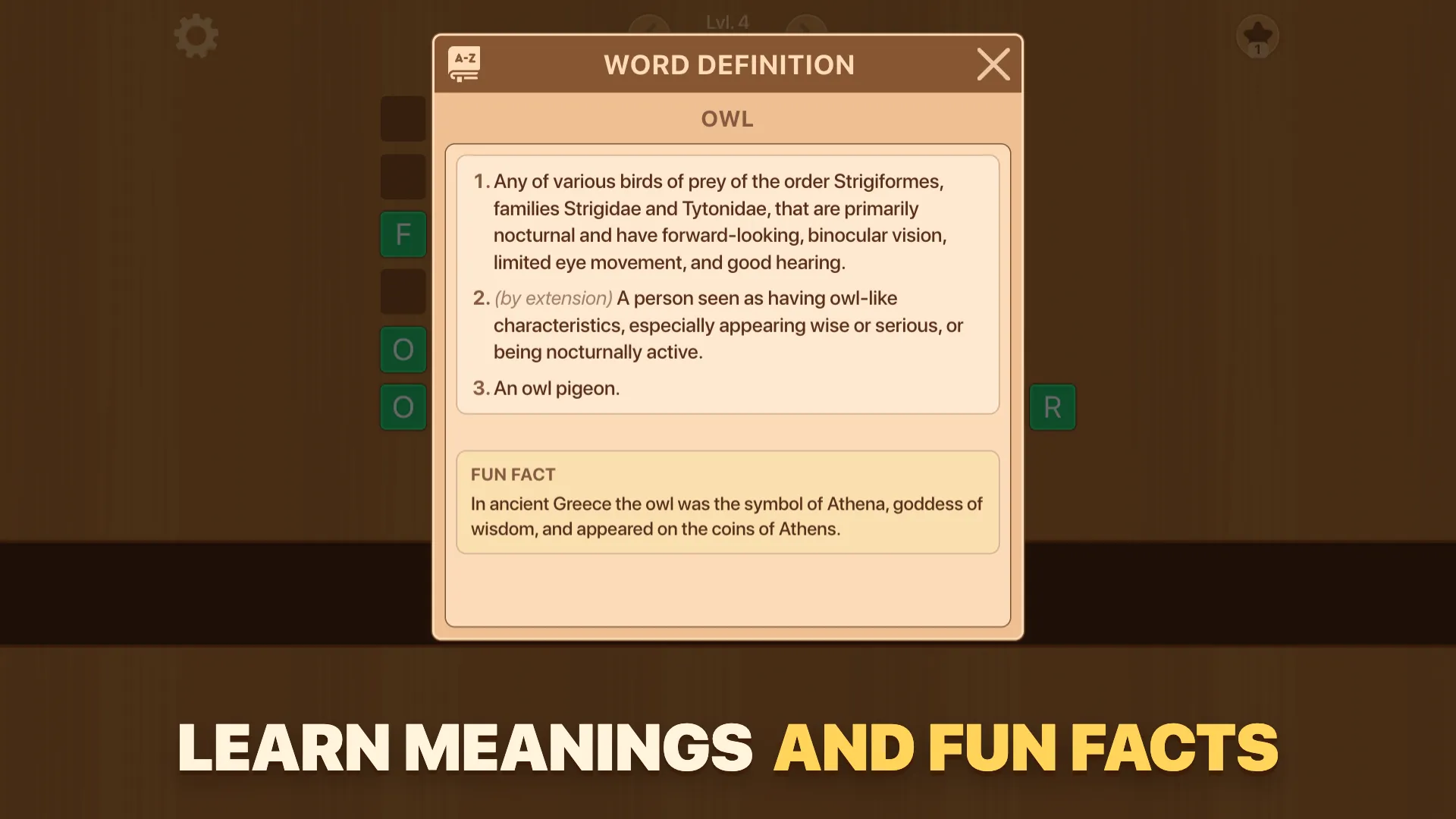 Word definition with a fun fact about owls
