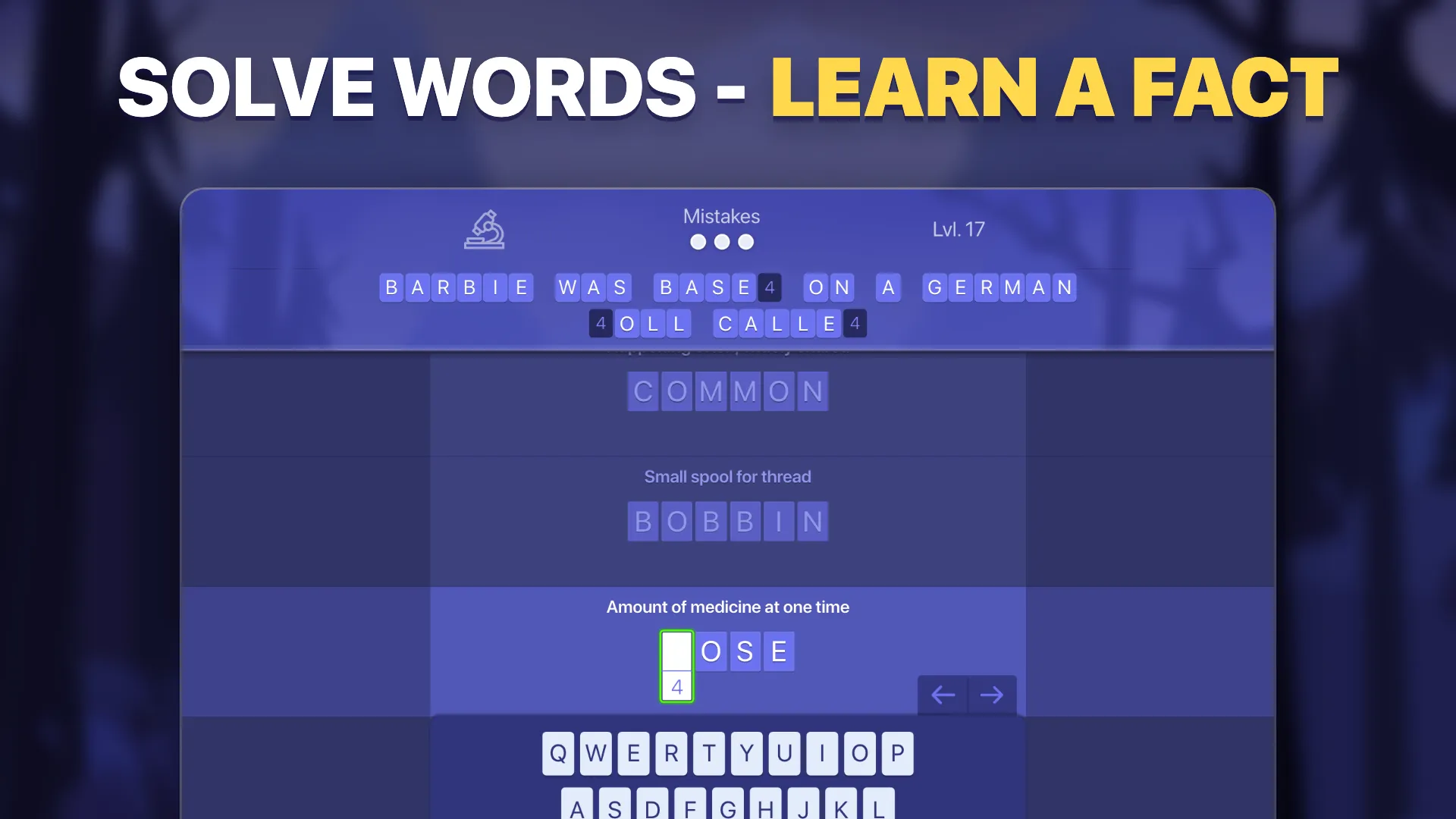 Cri-Cross mode: solve the clues to reveal a fact
