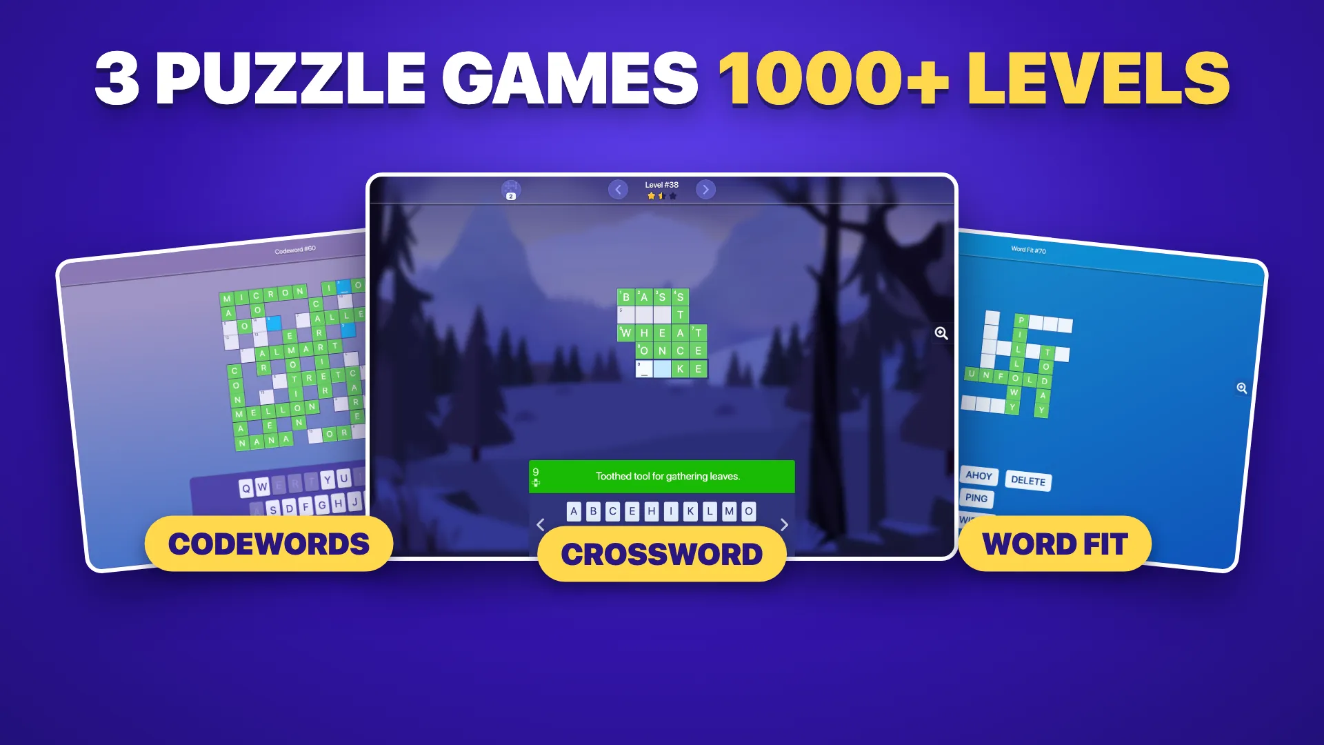 Three puzzles in one game: codewords, crossword and Word Fit