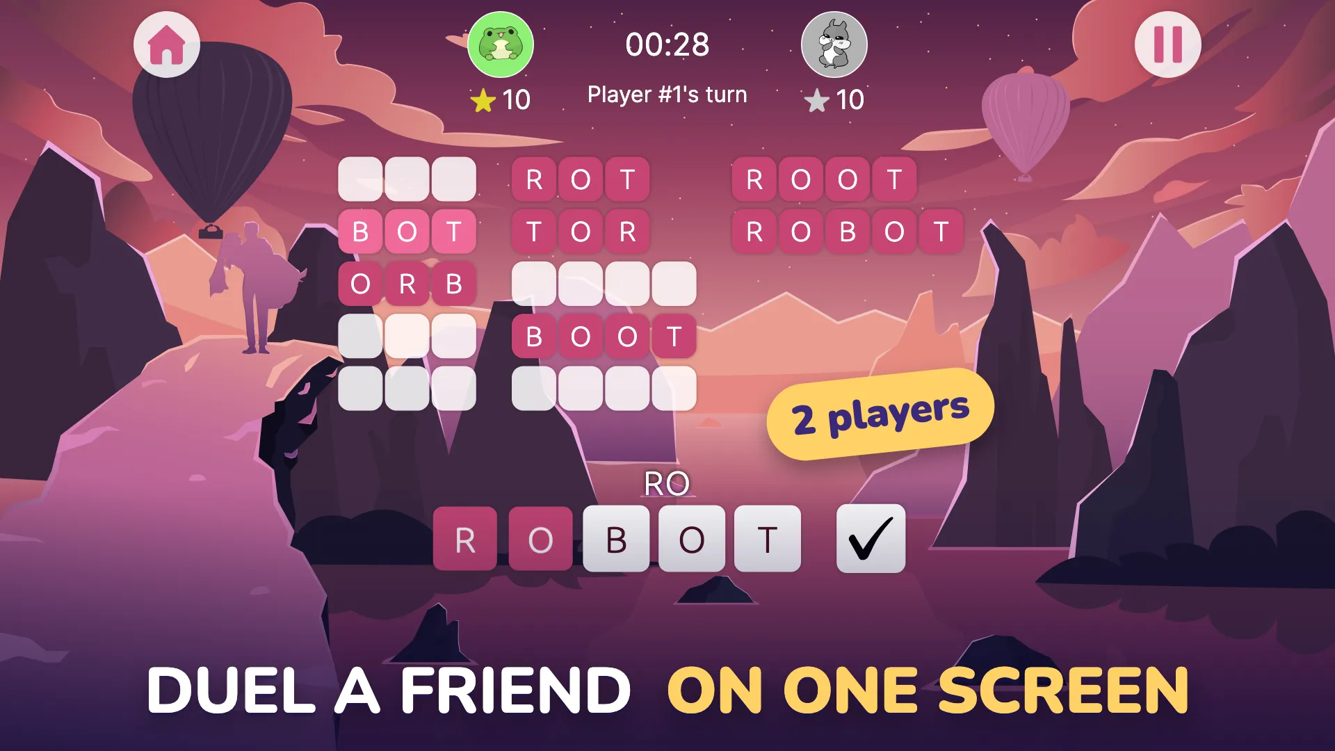 Duel mode: two players take turns on one screen