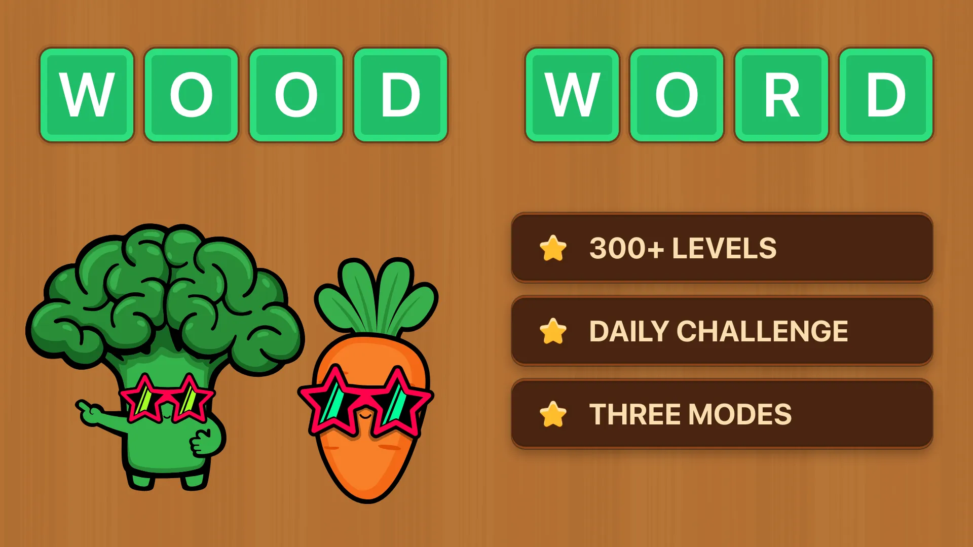 Wood Word: Brocco and Carroty next to the game title